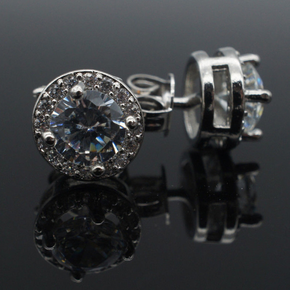 925 Silver Plated Crystal Halo Stud Earrings - Picture 7 of 8